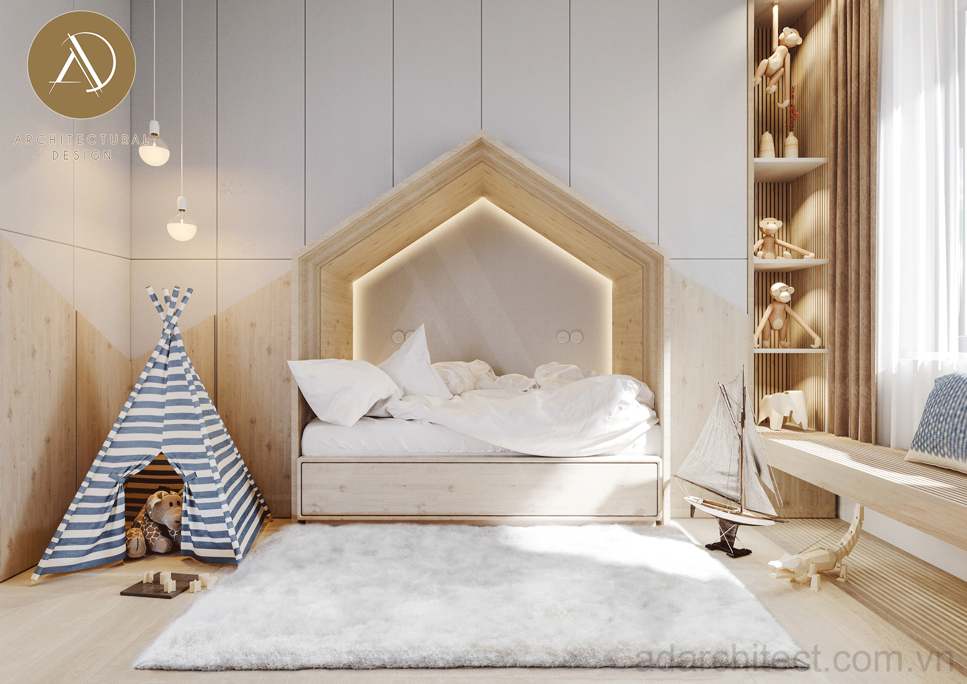 phòng ngủ nhỏ đẹp đầy đủ công năng cho nhà 2 tầng 