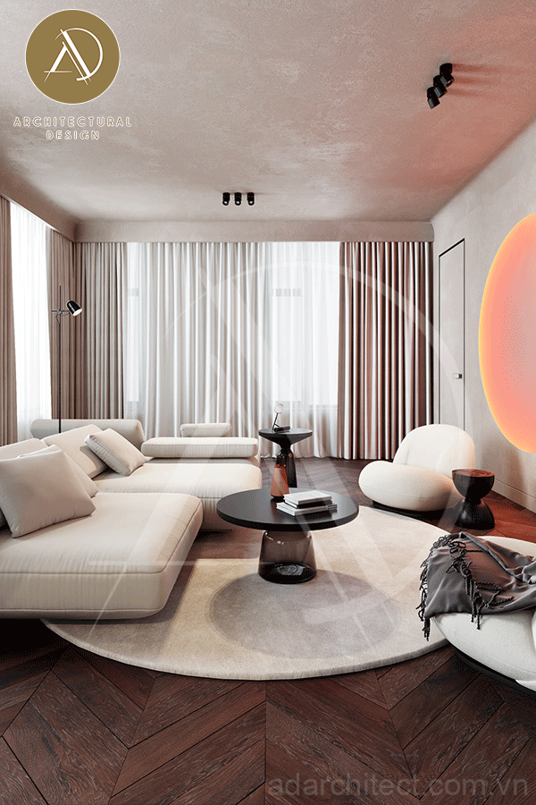 thiết kế phòng khách liền kề có đầy đủ đèn chiếu sáng và cửa sổ cung cấp ánh sáng đầy đủ 