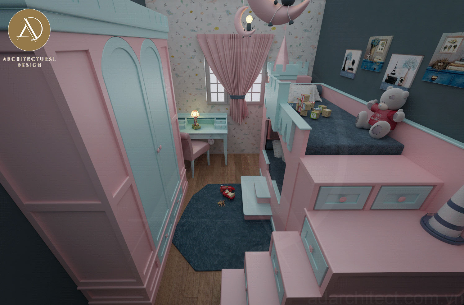 Thiết kế phòng ngủ mini đẹp tông hồng phù hợp cho trẻ