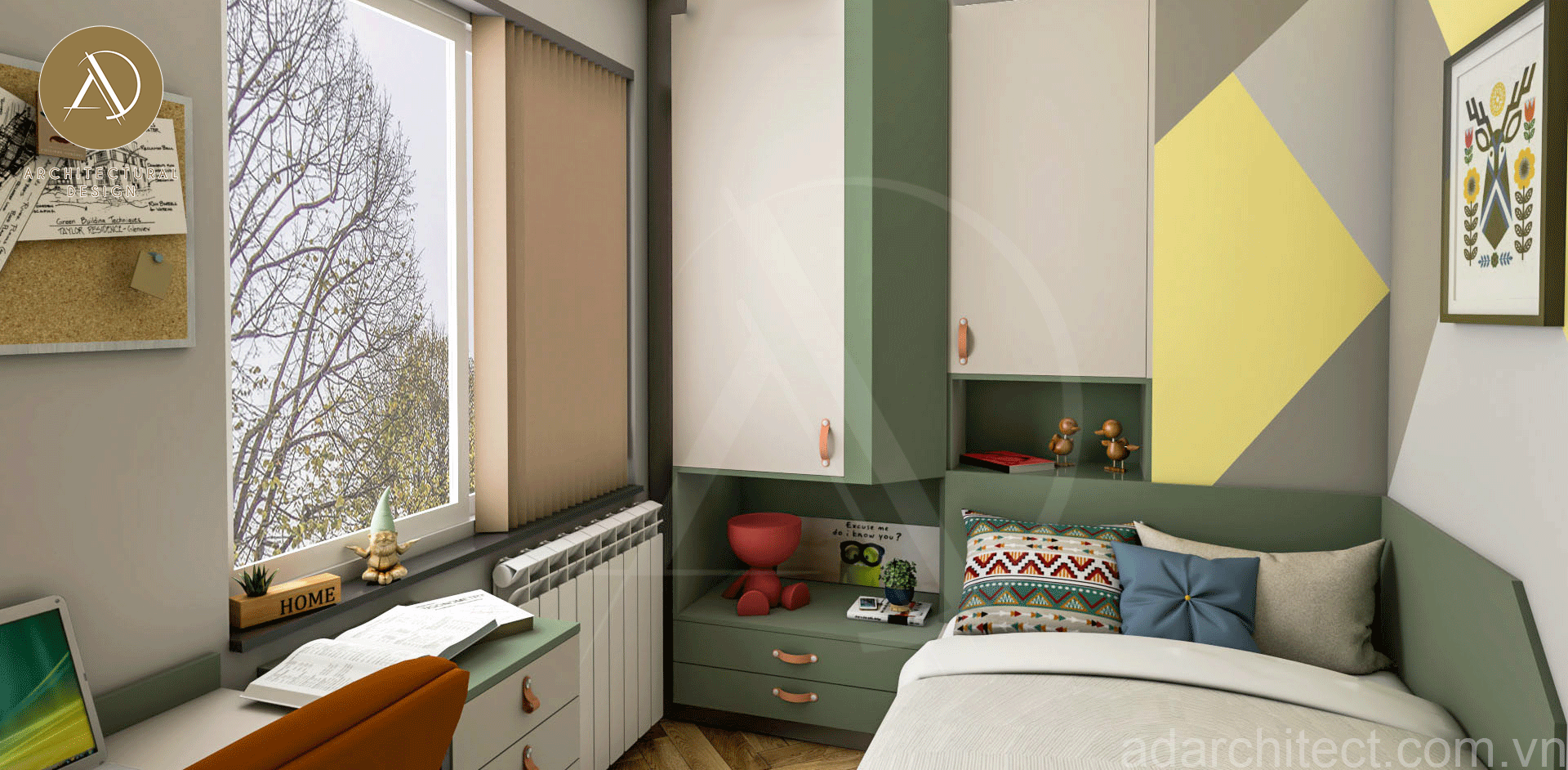 thiết kế phòng ngủ mini đẹp có cửa sổ thoáng mát cho nhà 2 tầng đơn giản