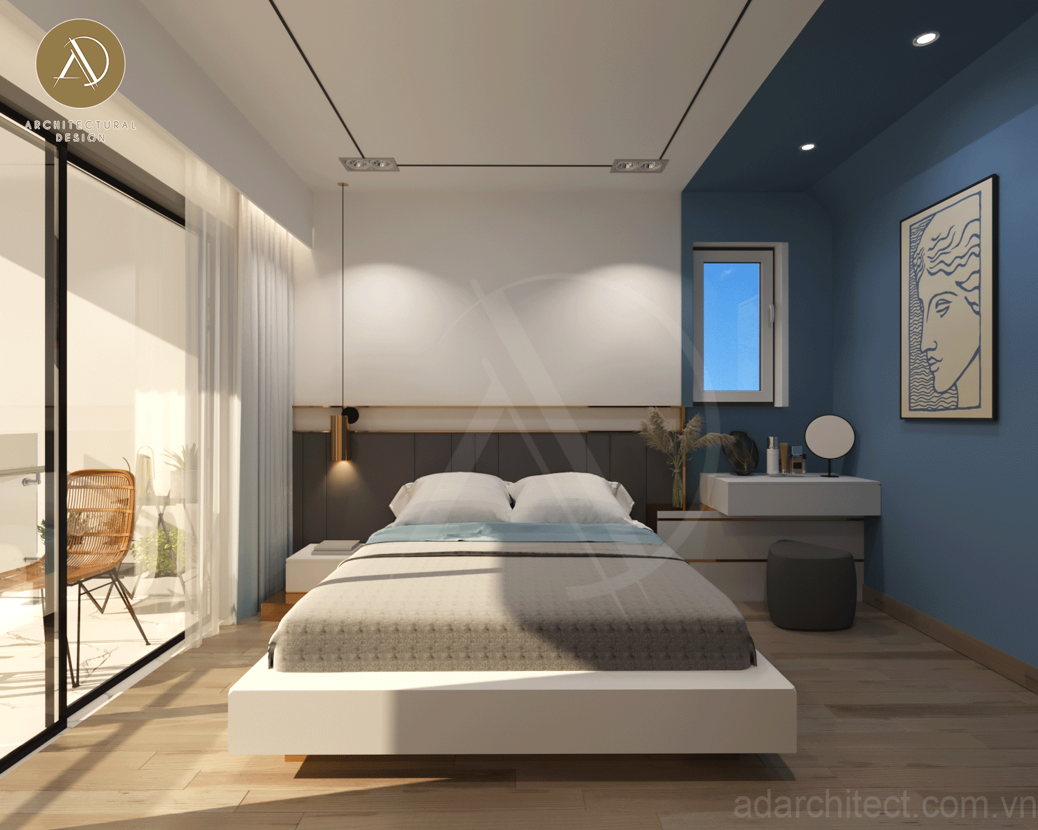 phòng ngủ có ban công thoáng mát, rèm cửa tạo sự riêng tư cho thiết kế chung cư