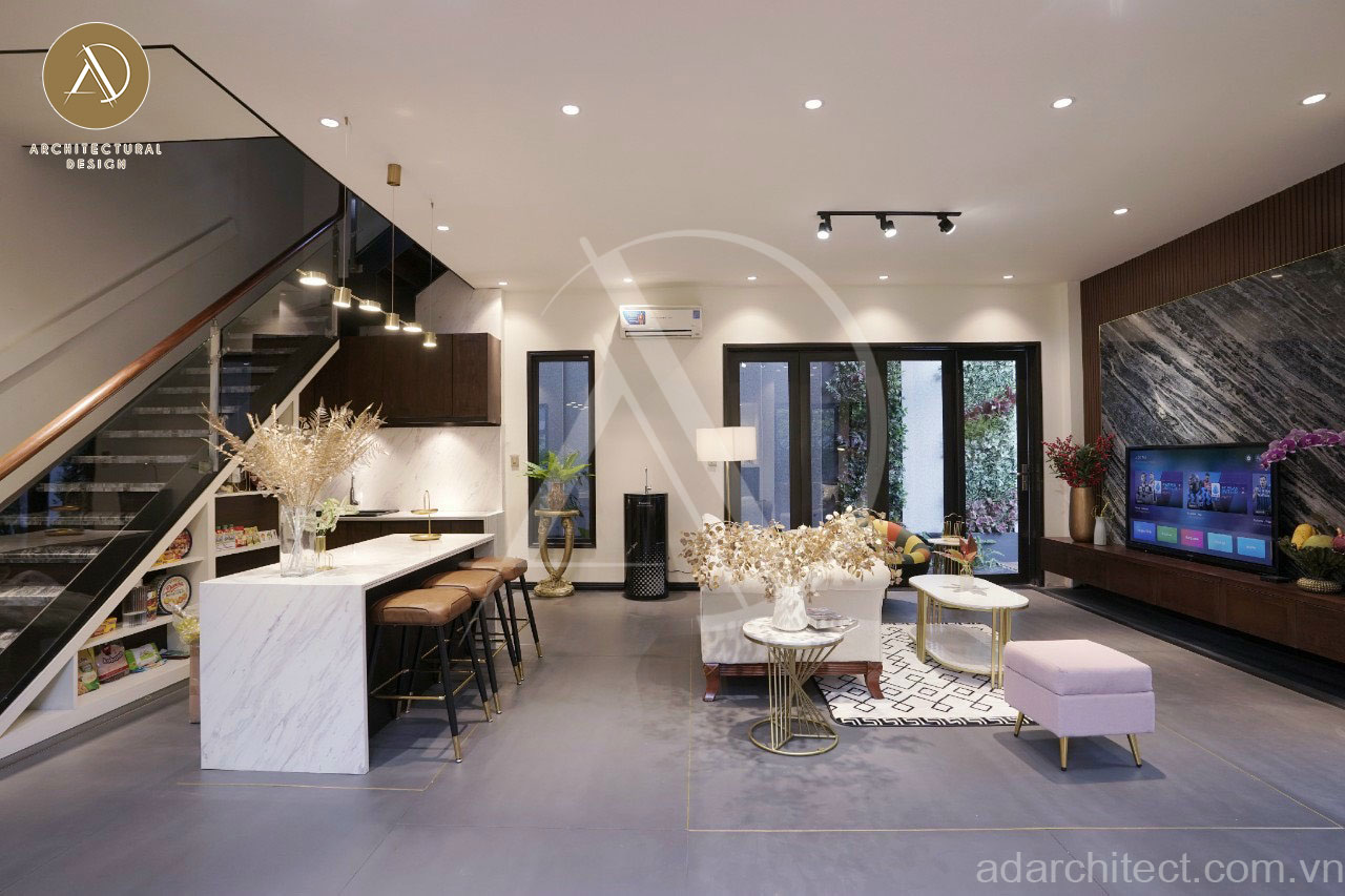 thiết kế nội thất biệt thự đẹp: phòng khách liền kề bếp