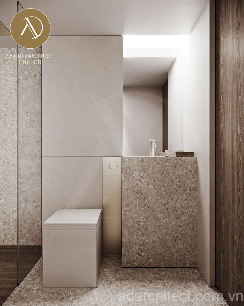 thiết kế nhà vệ sinh với các vật liệu cao cấp kết hợp ánh sáng hiện đại cho nhà ống đẹp 2 tầng