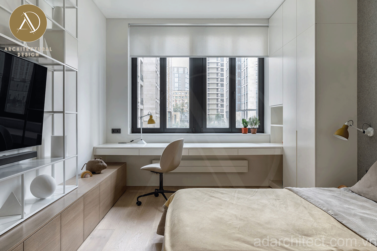 thiết kế phòng ngủ tối giản tông màu beige trung tính không lo lỗi thời
