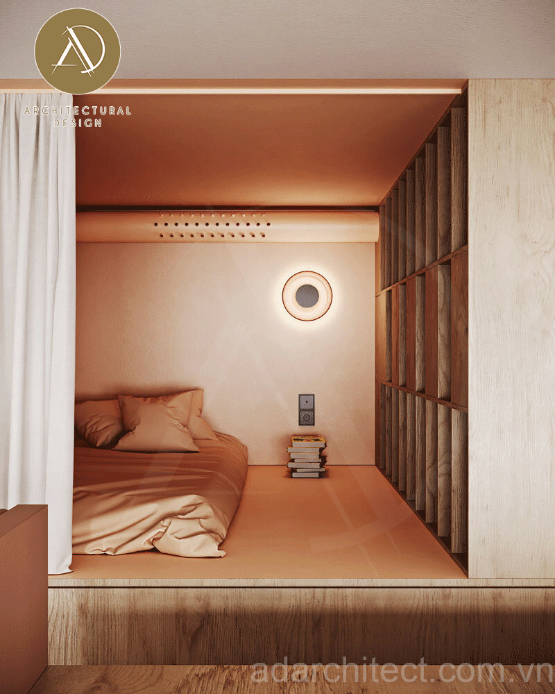 bố trí đèn led hiện đại, tủ gỗ âm tường gọn nhẹ cho nhà ống 2 tầng 
