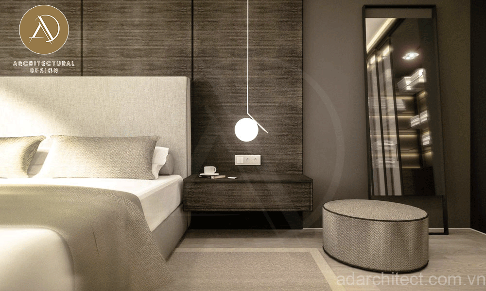 gỗ ốp tường phòng ngủ với tông màu ấm áp, bố trí ánh sáng nhẹ nhàng giúp thư giãn