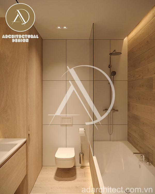 nền nhà vệ sinh đẹp với nhựa giả gỗ chất lượng cao chống thấm, dễ vệ sinh cho nhà ống 2 tầng