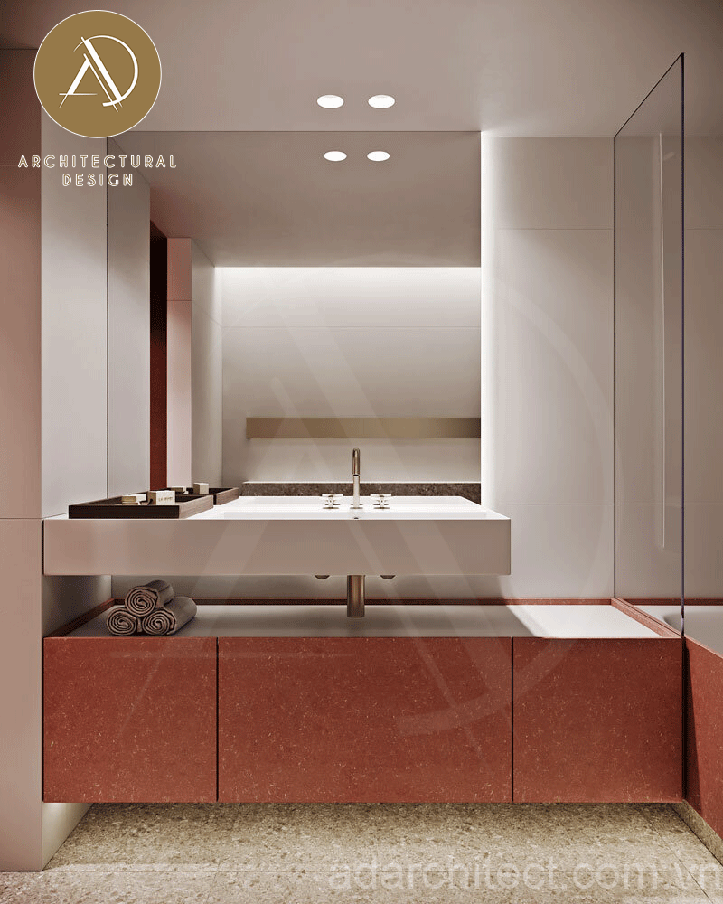thiết kế nhà tắm đẹp cùng tông màu hồng, trắng tinh tế cho nhà 2 tầng hiện đại