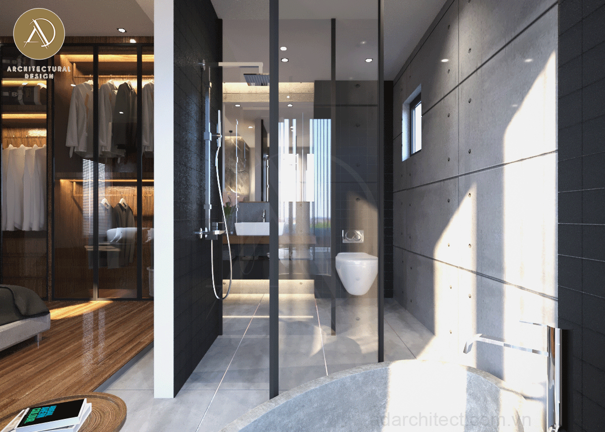 nhà tắm và nhà vệ sinh mở giúp không gian sang trọng, hiện đại