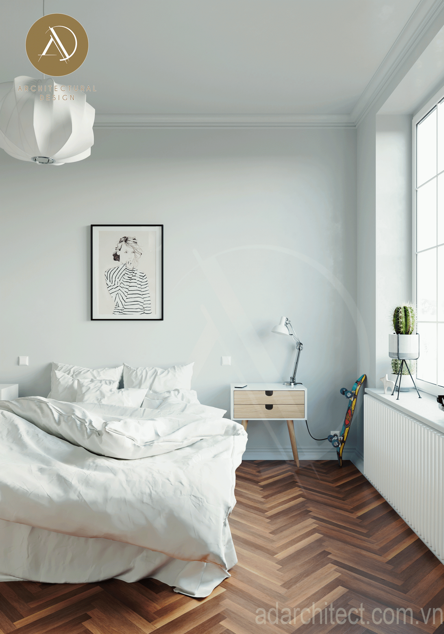 Tông trắng cho phòng ngủ đẹp nhỏ gọn có nội thất tiện nghi hiện đại