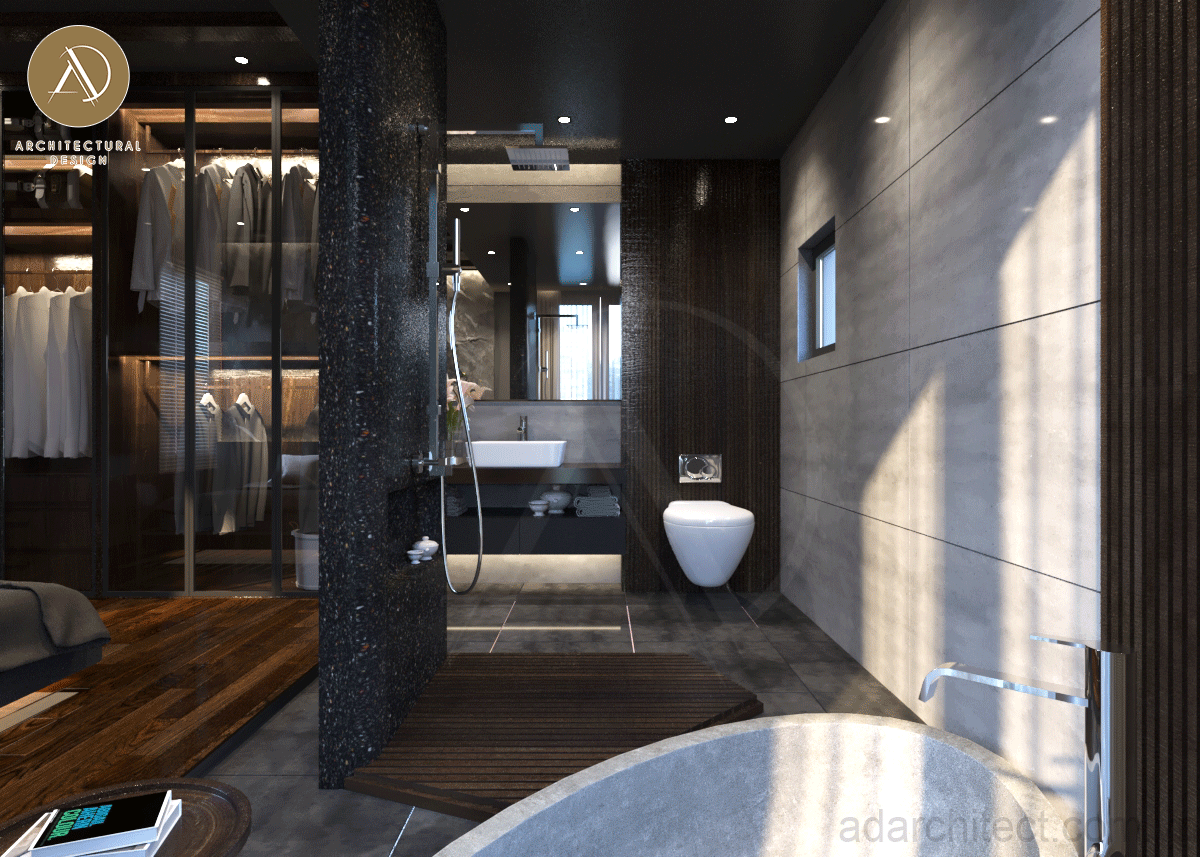 thiết kế nhà vệ sinh mở thể hiện tính cách phòng khoáng của gia chủ cho mẫu biệt thự đẹp