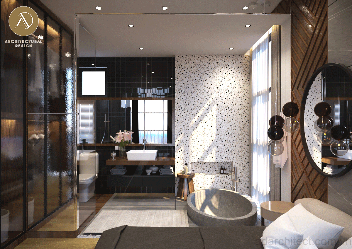 nội thất ấn tượng cho thiết kế biệt thự phố đẹp có kính làm vác ngăn giữa phòng ngủ và nhà vệ sinh