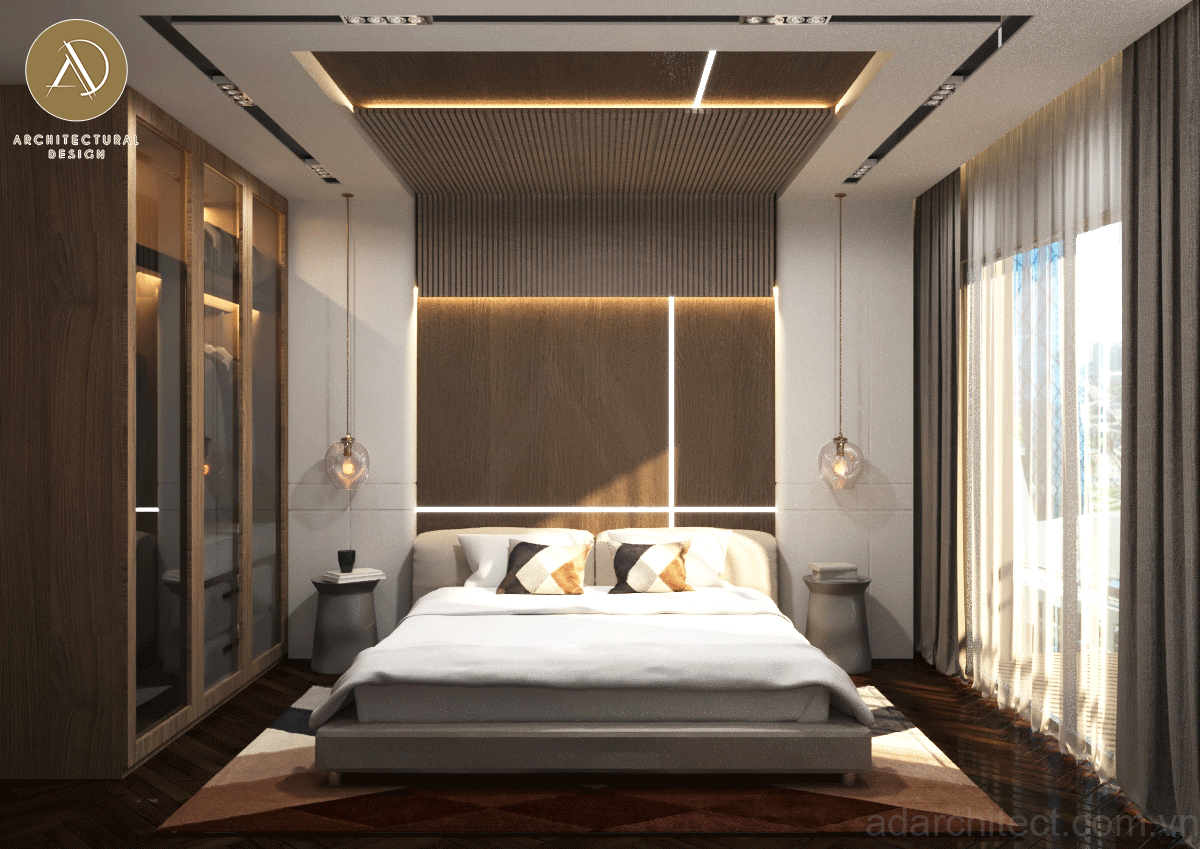 trần phòng ngủ được thiết kế nhiều lớp, lớp gỗ và lớp lam gỗ chồng lên nhau cực ấn tượng