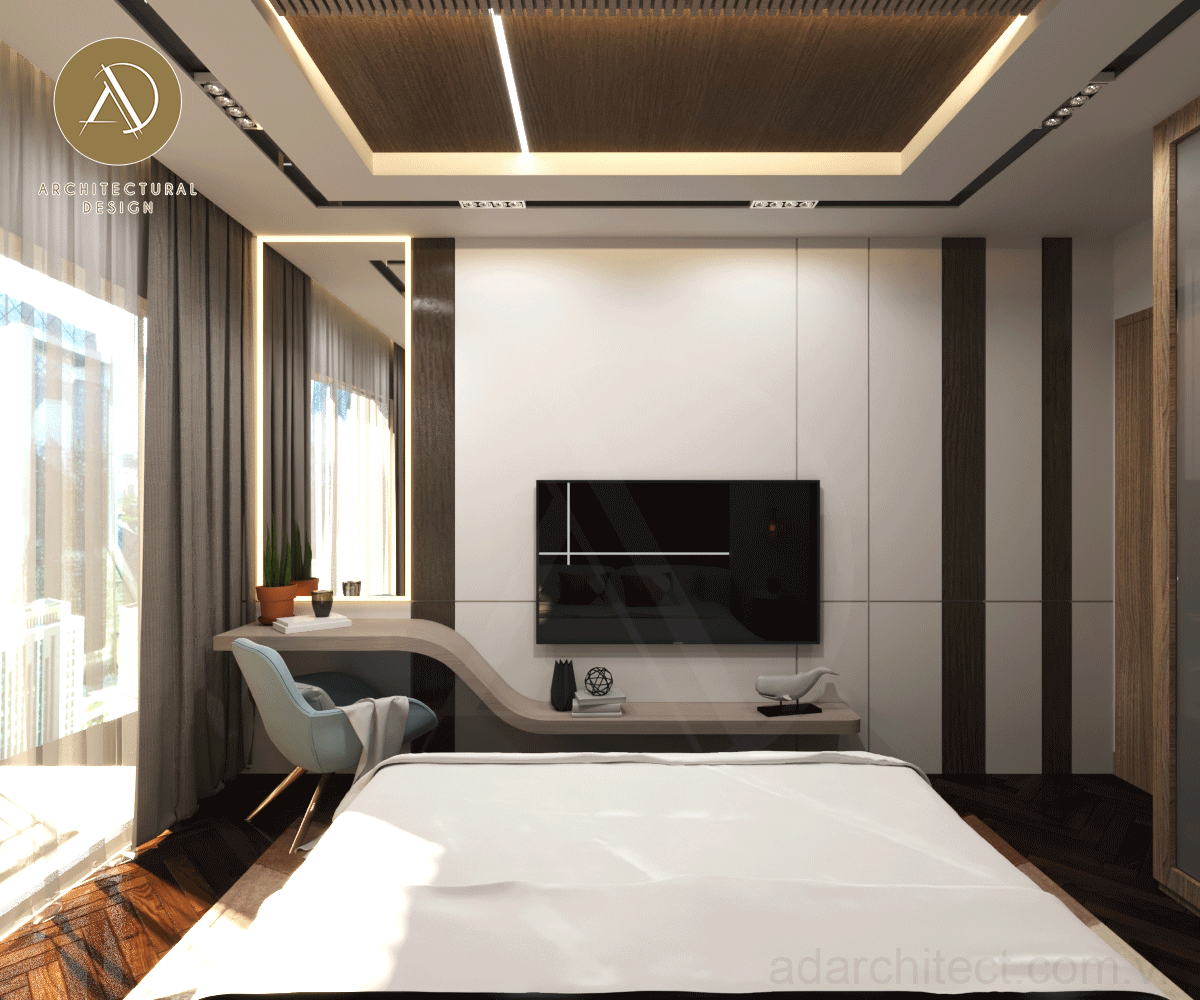 thiết kế phòng ngủ Penthouse có đèn led âm trần chạy thành các đường thẳng độc đáo 