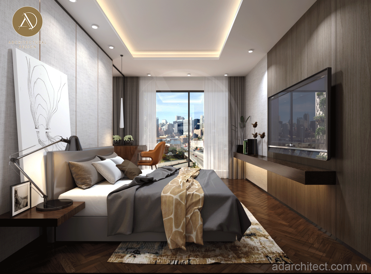 Không gian phòng ngủ sàn gỗ cao cấp, sang trọng cùng thảm trang trí đẹp, chống trơn trượt