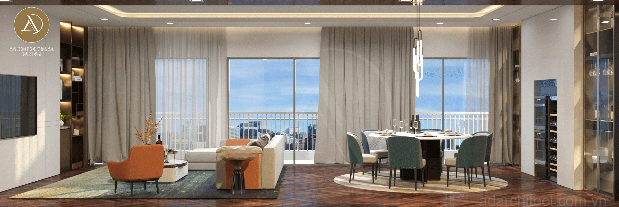 thiết kế không gian phòng khách liền kề bếp và phòng ăn thoáng mát cho penthouse
