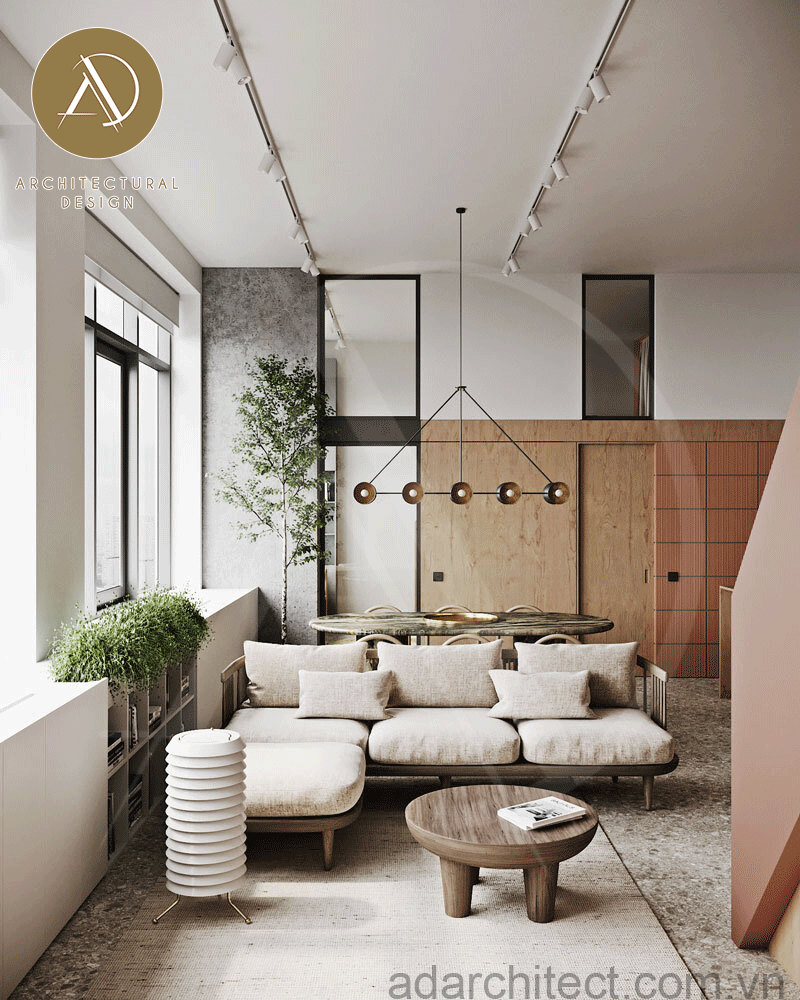 phòng khách tối giản với tông trắng dễ kết hợp với các tông màu khác cho nhà ống 2 tầng