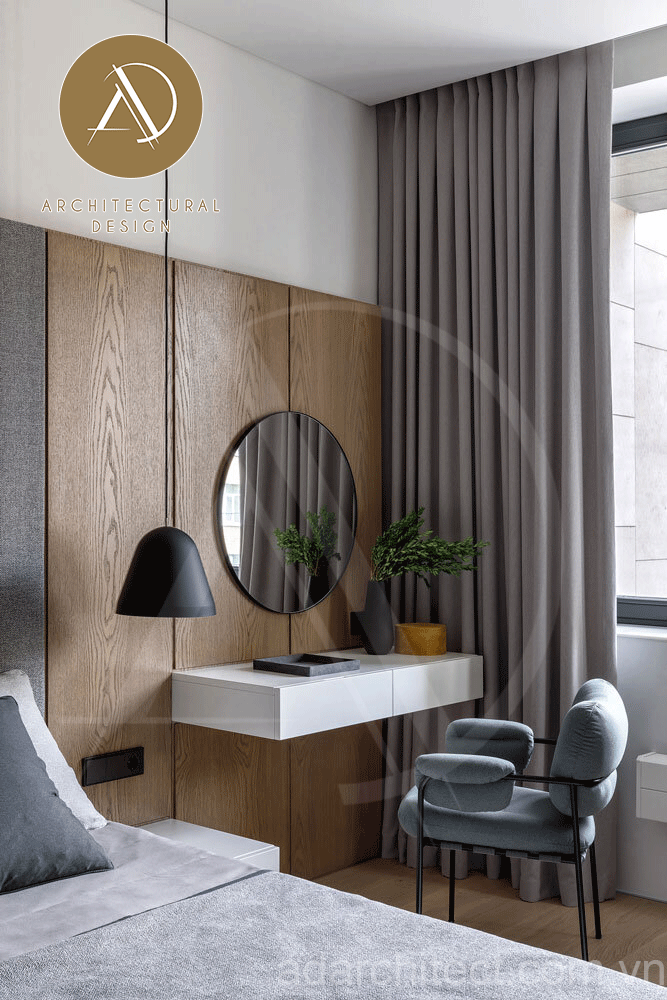 thiết kế phòng ngủ đơn giản, kính kết hợp gỗ hiện đại và sang trọng cho nhà ống 2 tầng