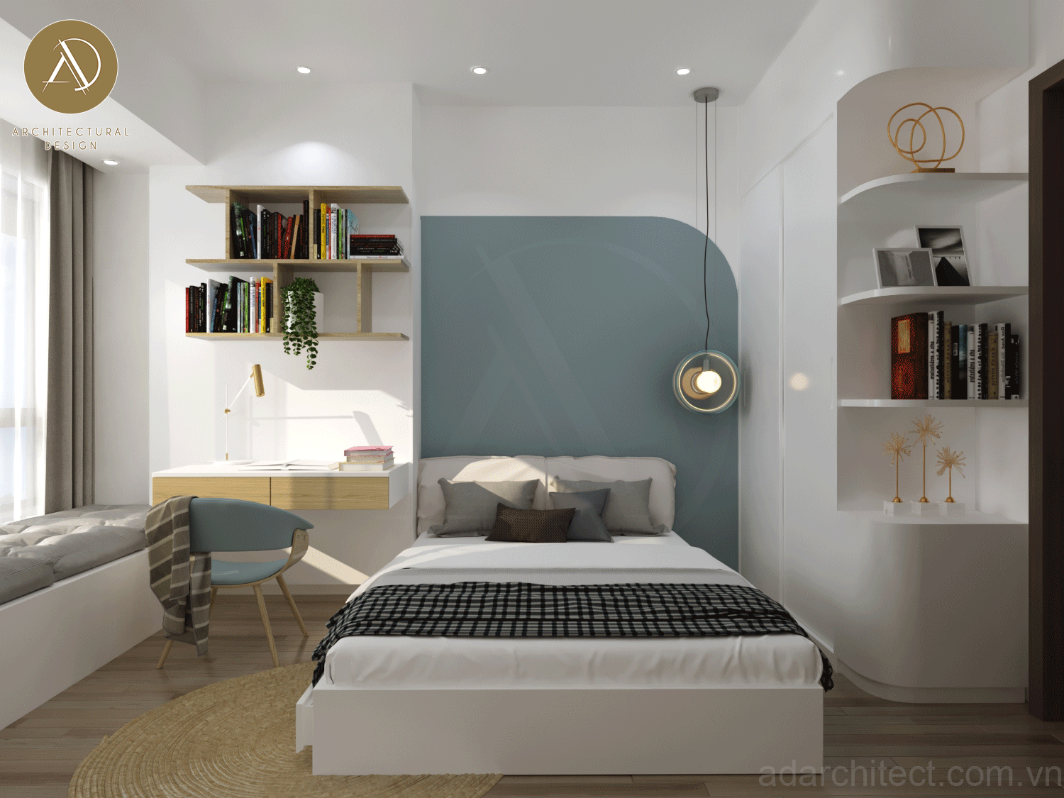 thiết kế phòng ngủ tối giản với tông xanh pastel trang nhã, tinh tế và hiện đại cho căn hộ 90m2