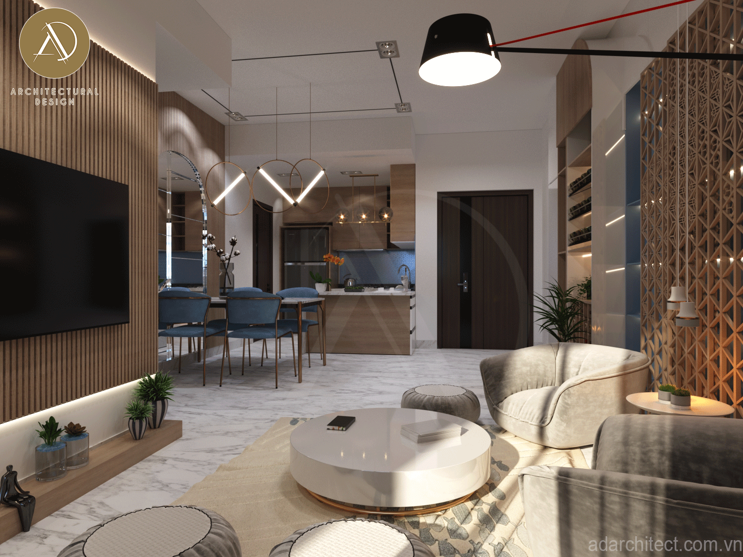 thiết kế phòng khách và bếp chung giúp không gian rộng rãi, mở rộng, hiện đại