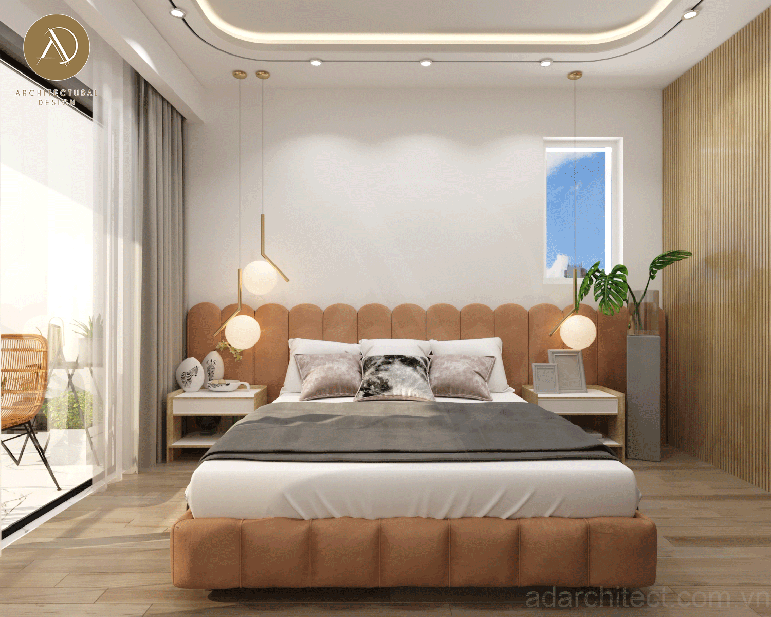 thiết kế phòng ngủ đẹp có đèn thả trần đơn giản, độc đáo mang đến cảm giác ấm áp