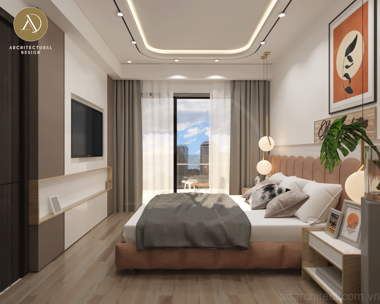 kệ tivi được thiết kế âm tường đơn giản, gọn đẹp làm mở rộng không gian phòng ngủ hơn