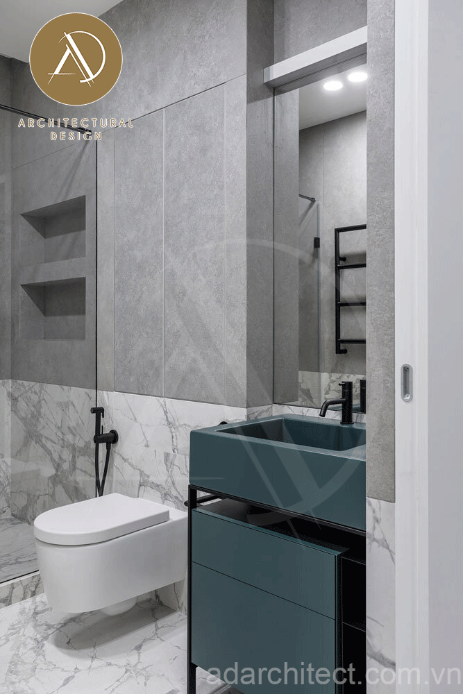 màu xanh tinh tế, quý phái làm ấn tượng nhà tắm có thiết kế đơn giản cho nhà 2 tầng hiện đại