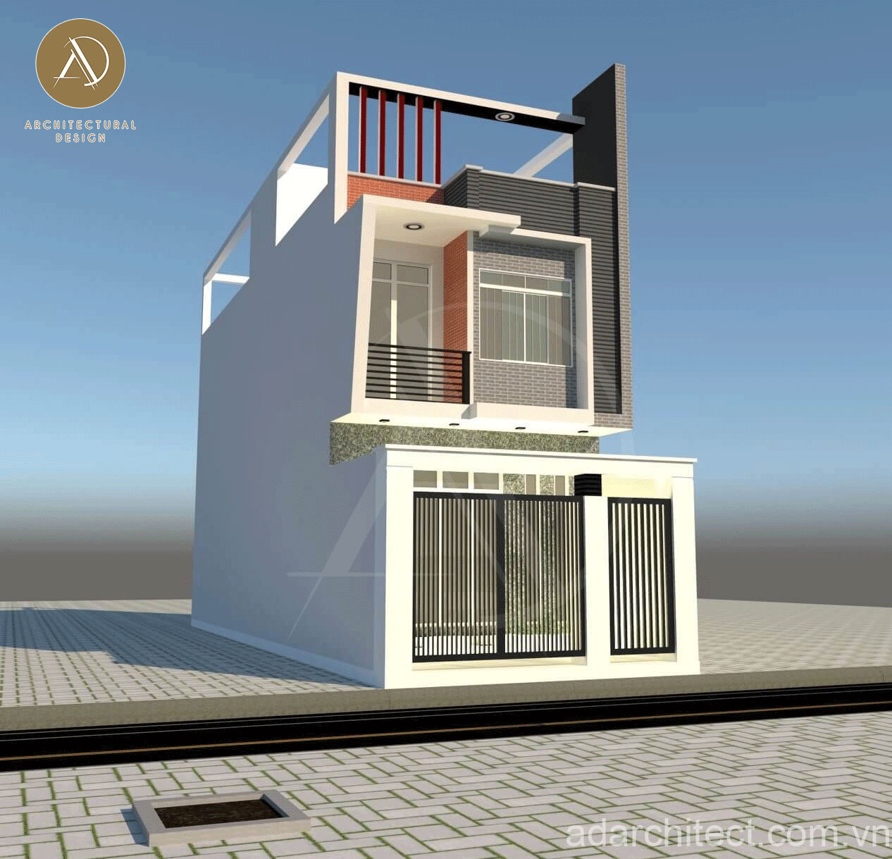 mặt tiền nhà phố 2 tầng đẹp: nhà có cửa sổ, ban công và sân thượng thoáng mát, màu sắc đơn giản, hiện đại