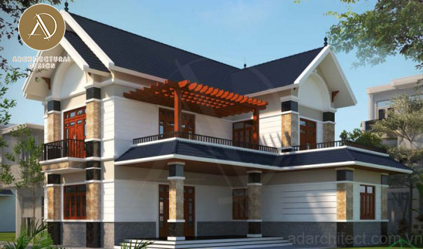 nhà 2 tầng chữ l: nhà mái thái tản nhiệt chống nóng, mái dốc tránh đọng nước, chống thấm nước