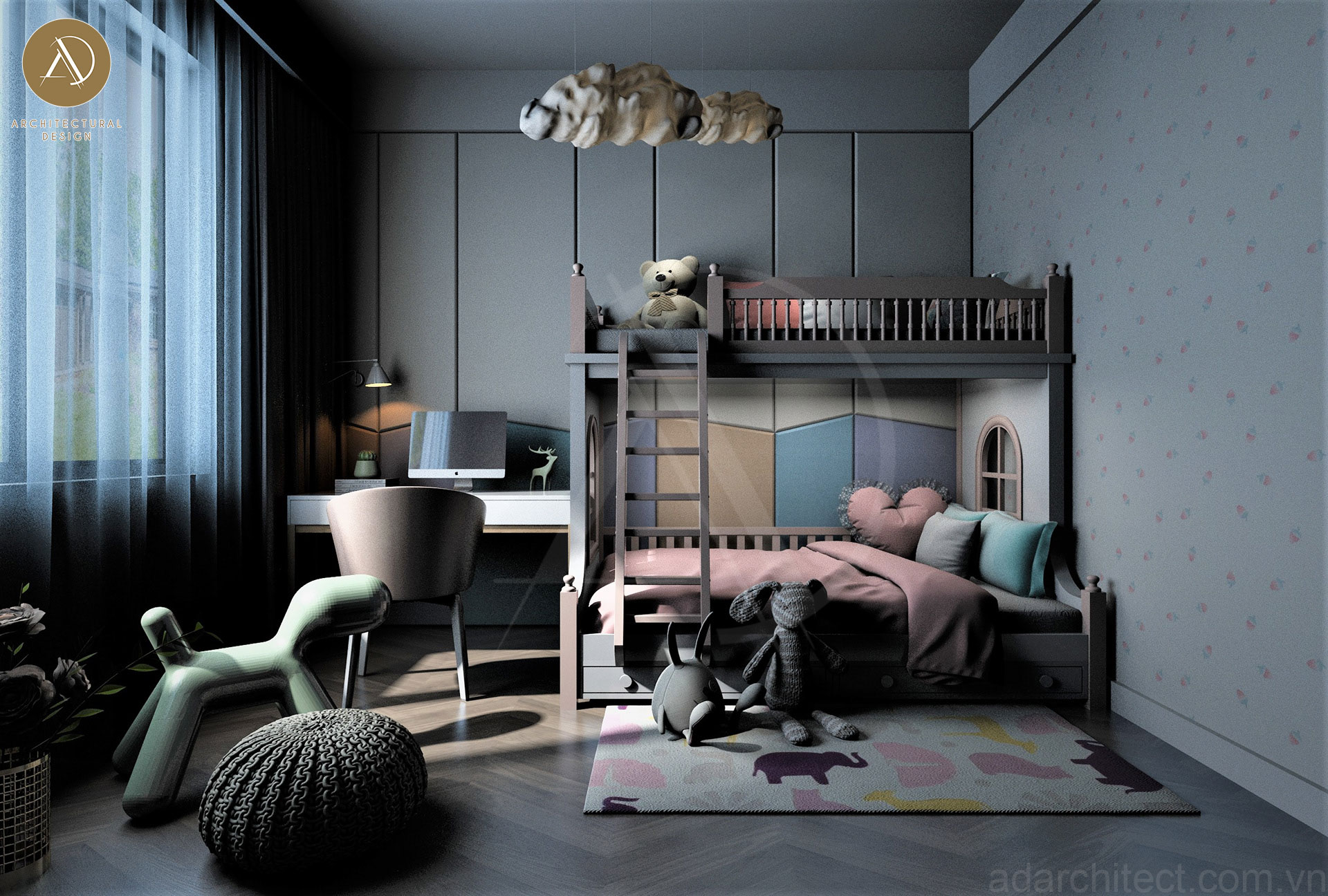 nhà cấp 4 mái thái 3 phòng ngủ: phòng ngủ cho trẻ em thiết kế màu sắc vô cùng hiện đại