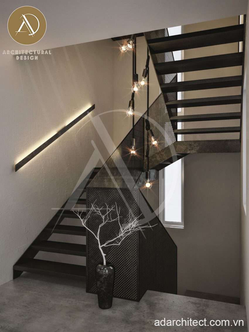 Thiết kế nội thất nhà phố đẹp: Cầu thang nhôm đen hiện đại