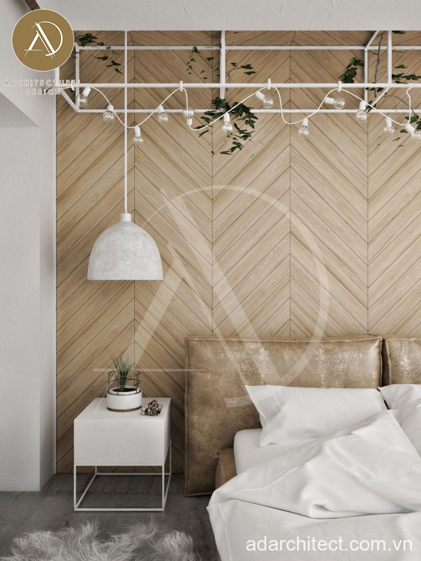 Thiết kế nội thất nhà phố đẹp: Giấy dán tường giả vân gỗ