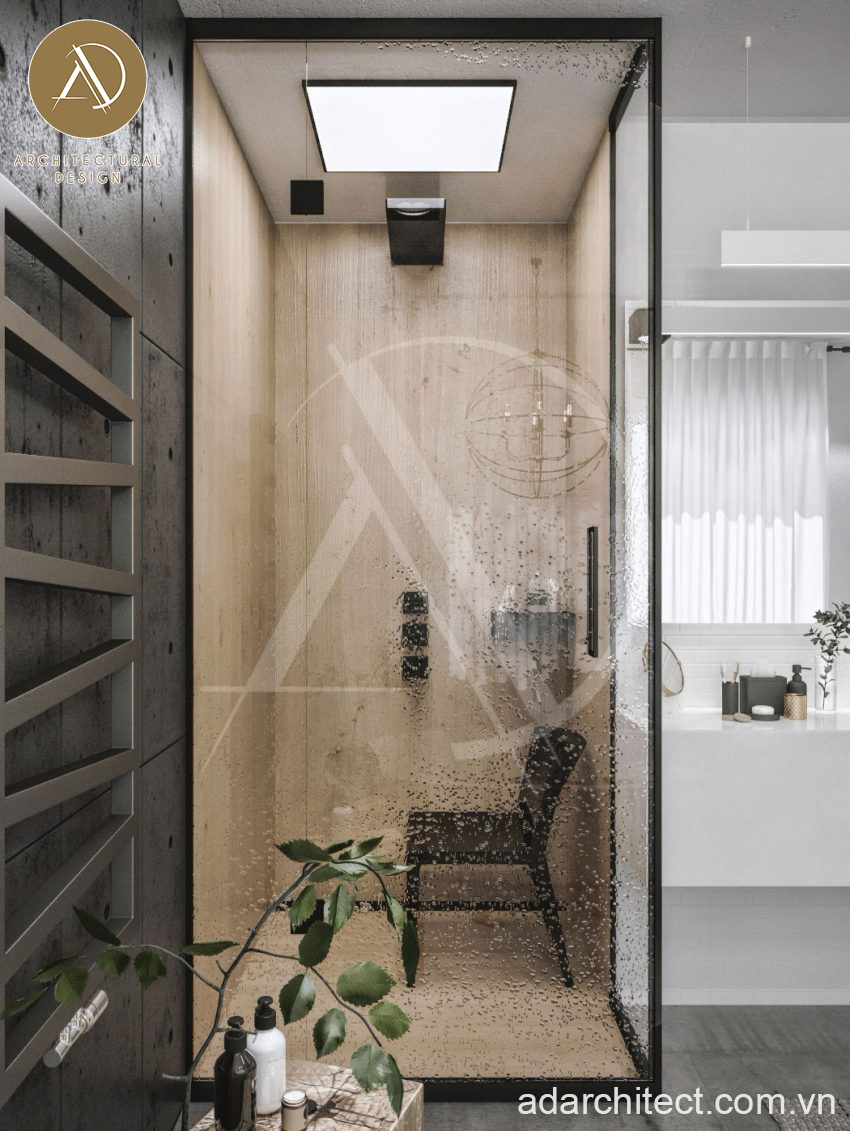 Thiết kế nội thất nhà phố đẹp: Vách ngăn phòng tắm bằng nhôm kính