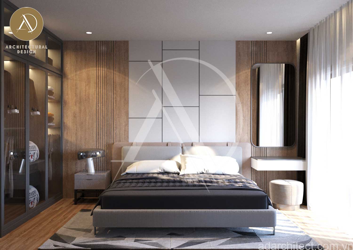 Phòng ngủ không quá cầu kì nhưng vẫn độc đáo khi tường được trang trí vân gỗ tinh tế