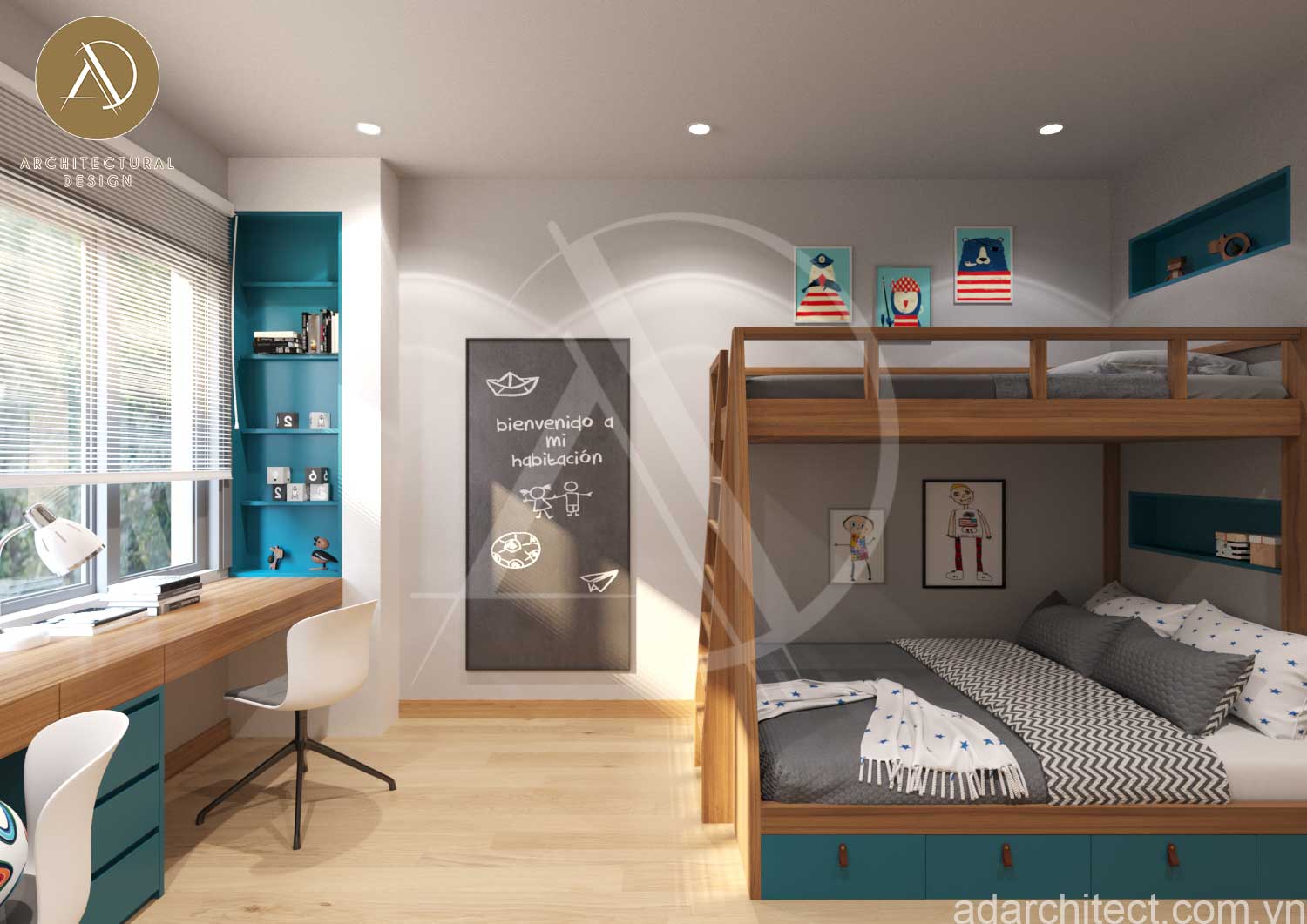 mẫu nhà ống 3 phòng ngủ: Thiết kế phòng ngủ trẻ em với giường tầng cao cấp có ngăn tủ