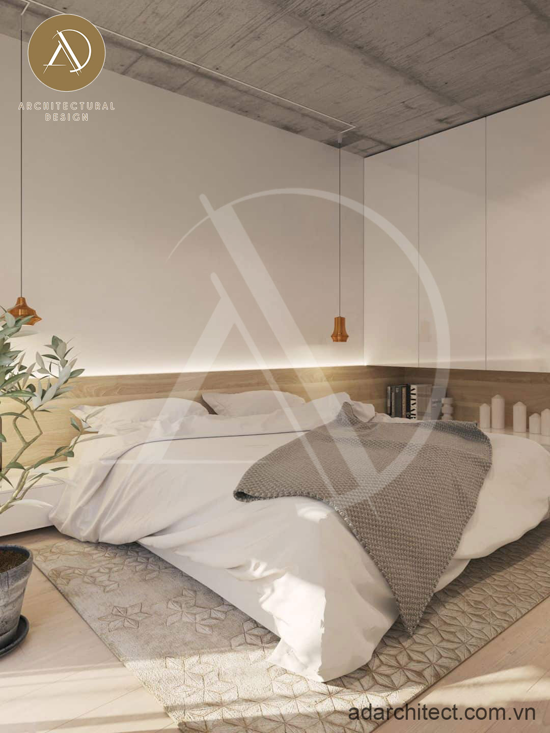 thiết kế nhà mặt tiền 10m sâu 4m: Đèn treo thả đầu giường hiện đại