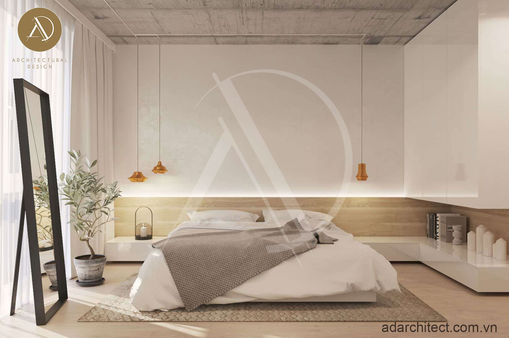 thiết kế nhà mặt tiền 10m 4m: Phòng ngủ master với không gian rộng rãi