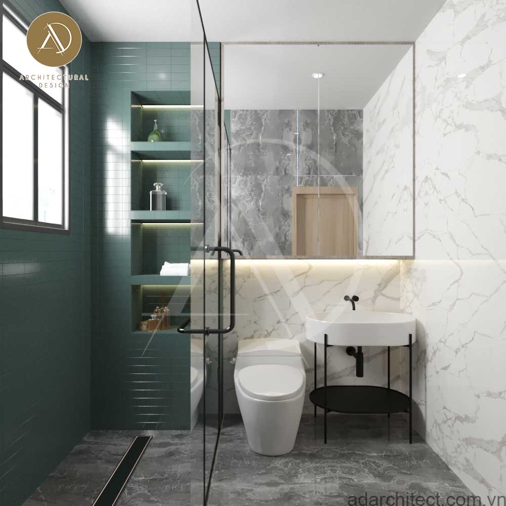 nhà 2 tầng 3 phòng ngủ 5x20m: KTS thiết kế bồn tắm đứng rộng rãi cho nhà vệ sinh nhỏ