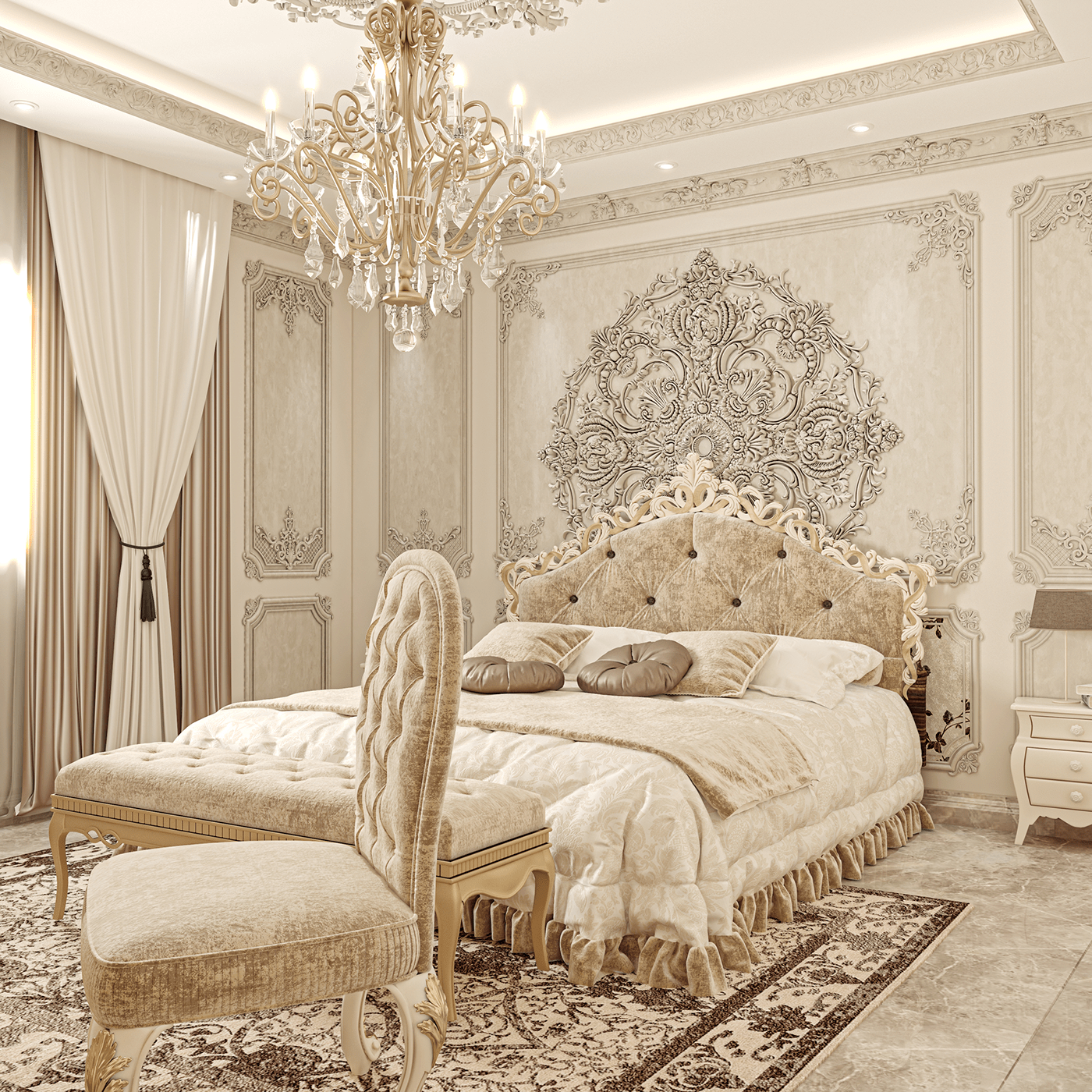 phòng ngủ phong cách cổ điển sang trọng với hoa văn điêu khăc tinh xảo