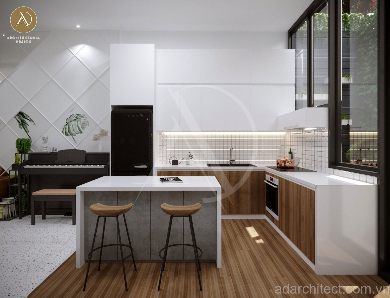 thiết kế homestay đẹp: bố trí phòng bếp nhà ống