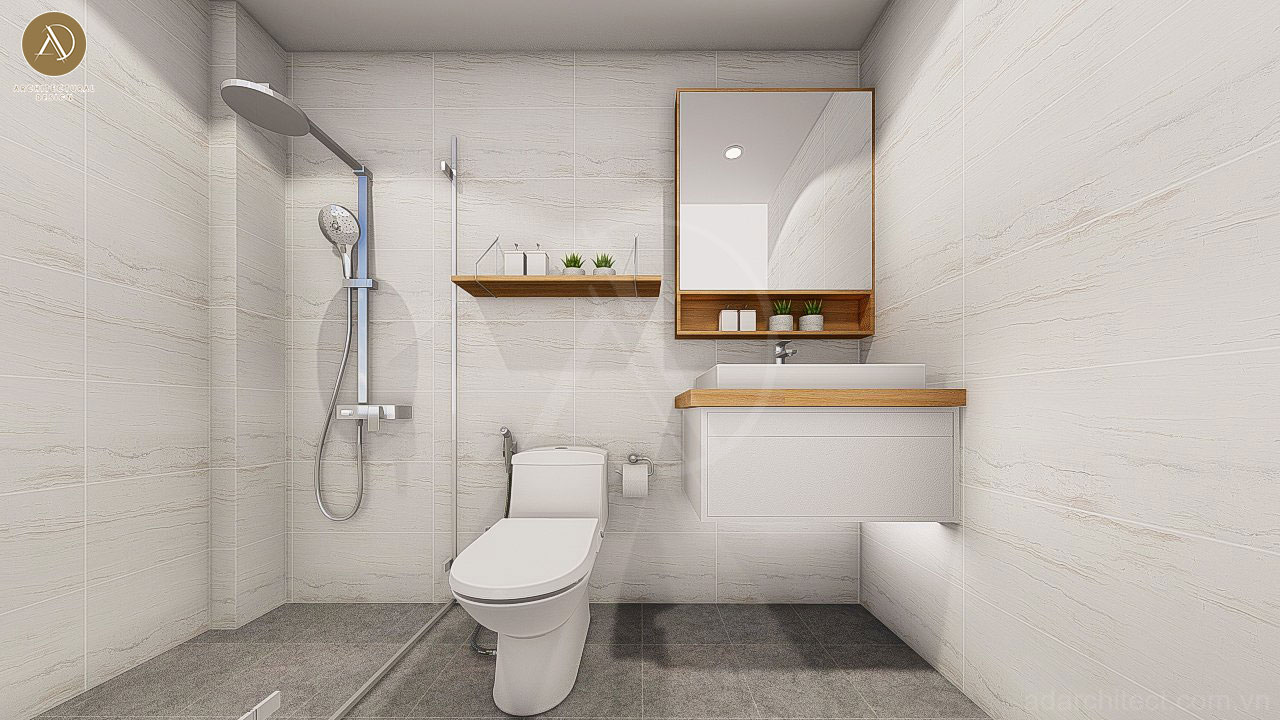 thiết kế nhà vệ sinh trắng tinh tế cho phòng ngủ nhà phố 3 tầng
