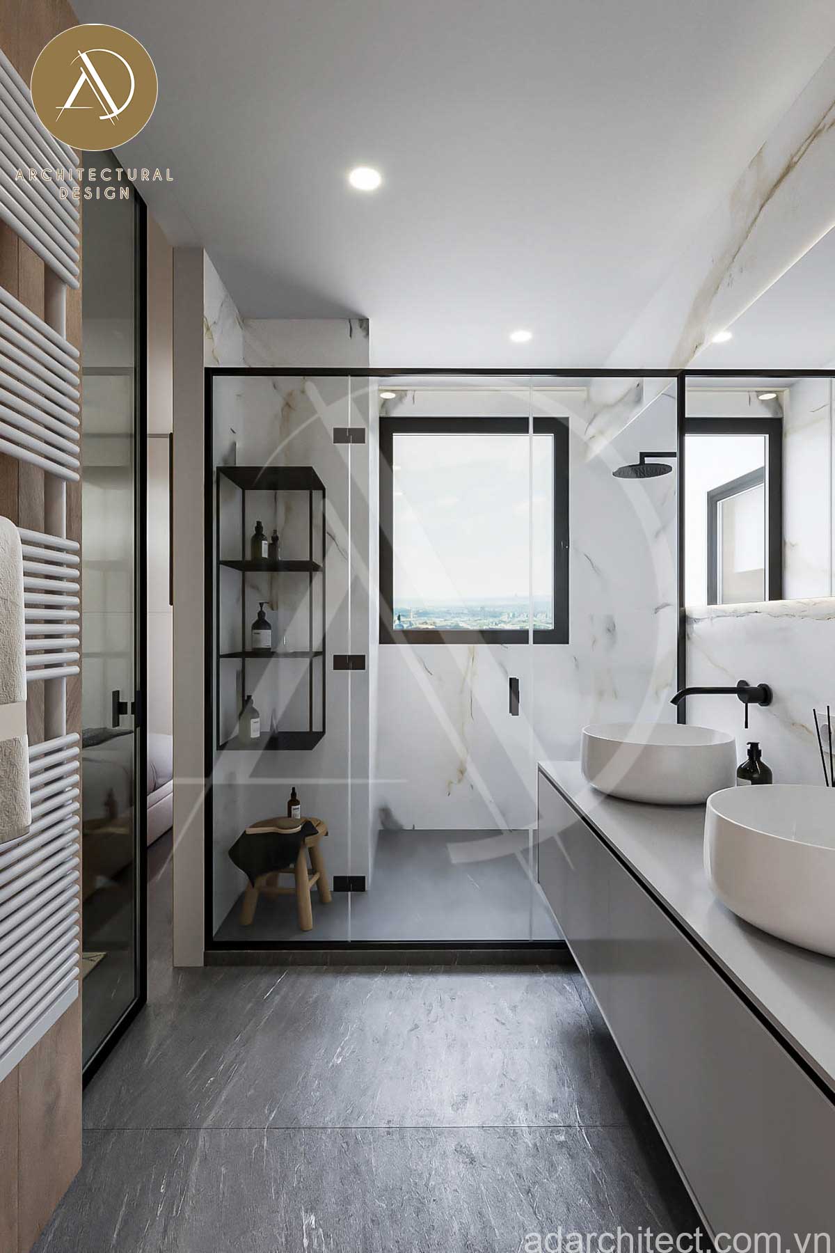biệt thự 1 tầng 4 phòng ngủ: Thoải mái khi vệ sinh cá nhân với hai bồn rửa tay, bồn tắm đứng rộng rãi