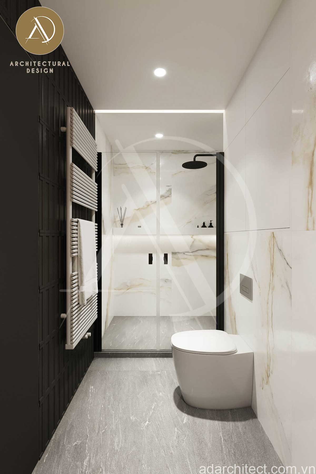 biệt thự 1 tầng 4 phòng ngủ: Ốp tường vân đá tạo được hiệu ứng trang trí nội thất cao cho nhà vệ sinh