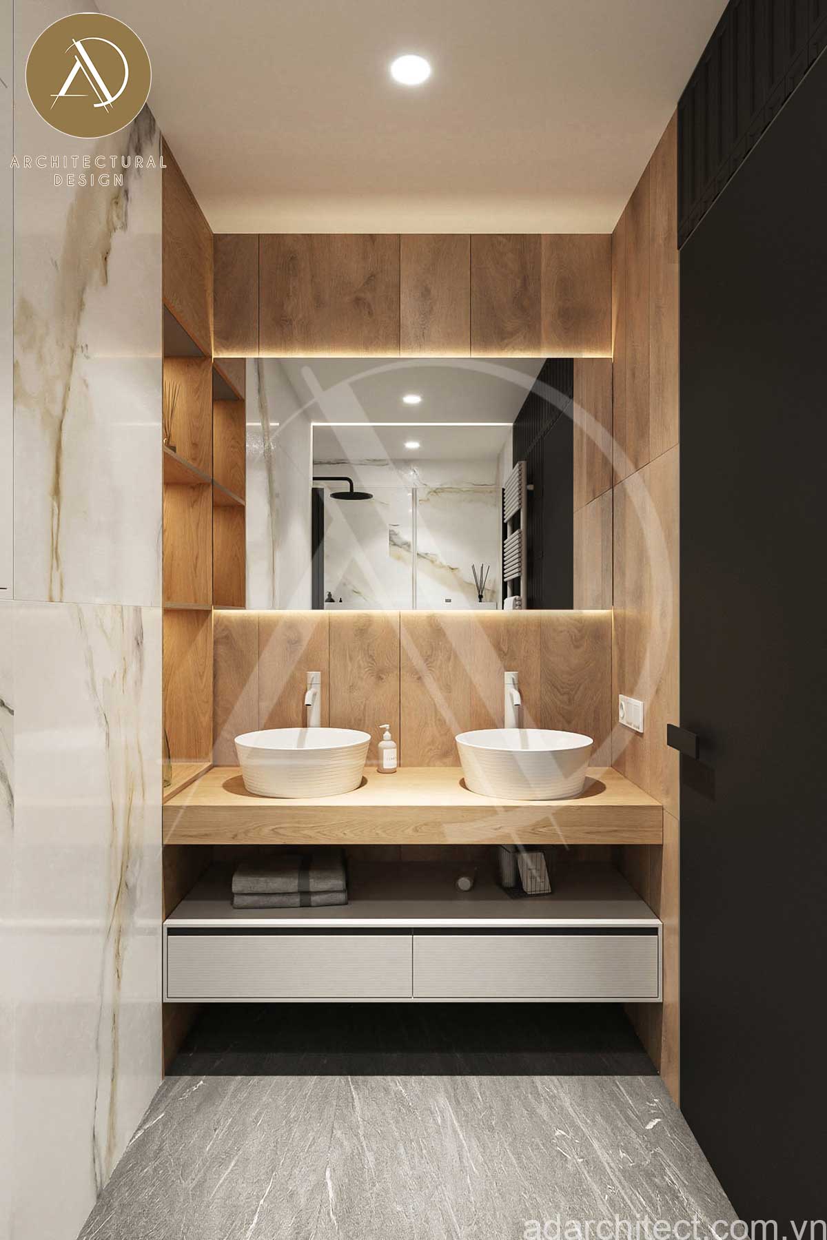 Bộ tủ chậu lavabo âm tường thiết kế gọn gàng khiến không gian rộng rãi