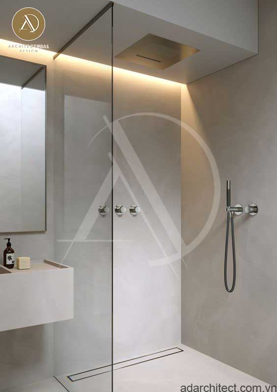 thiết kế nhà vệ sinh: Hiện đại từ cách lắp đặt vòi sen đứng âm tường chiếm ít diện tích