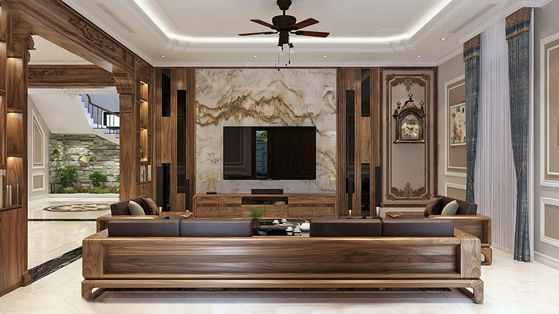 thiết kế phòng khách 25m2 gỗ