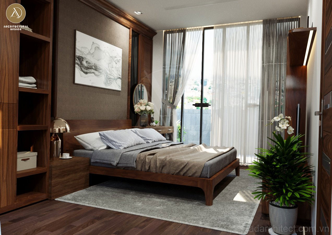 thiết kế nhà ống 5x20:  phòng ngủ gỗ tự nhiên