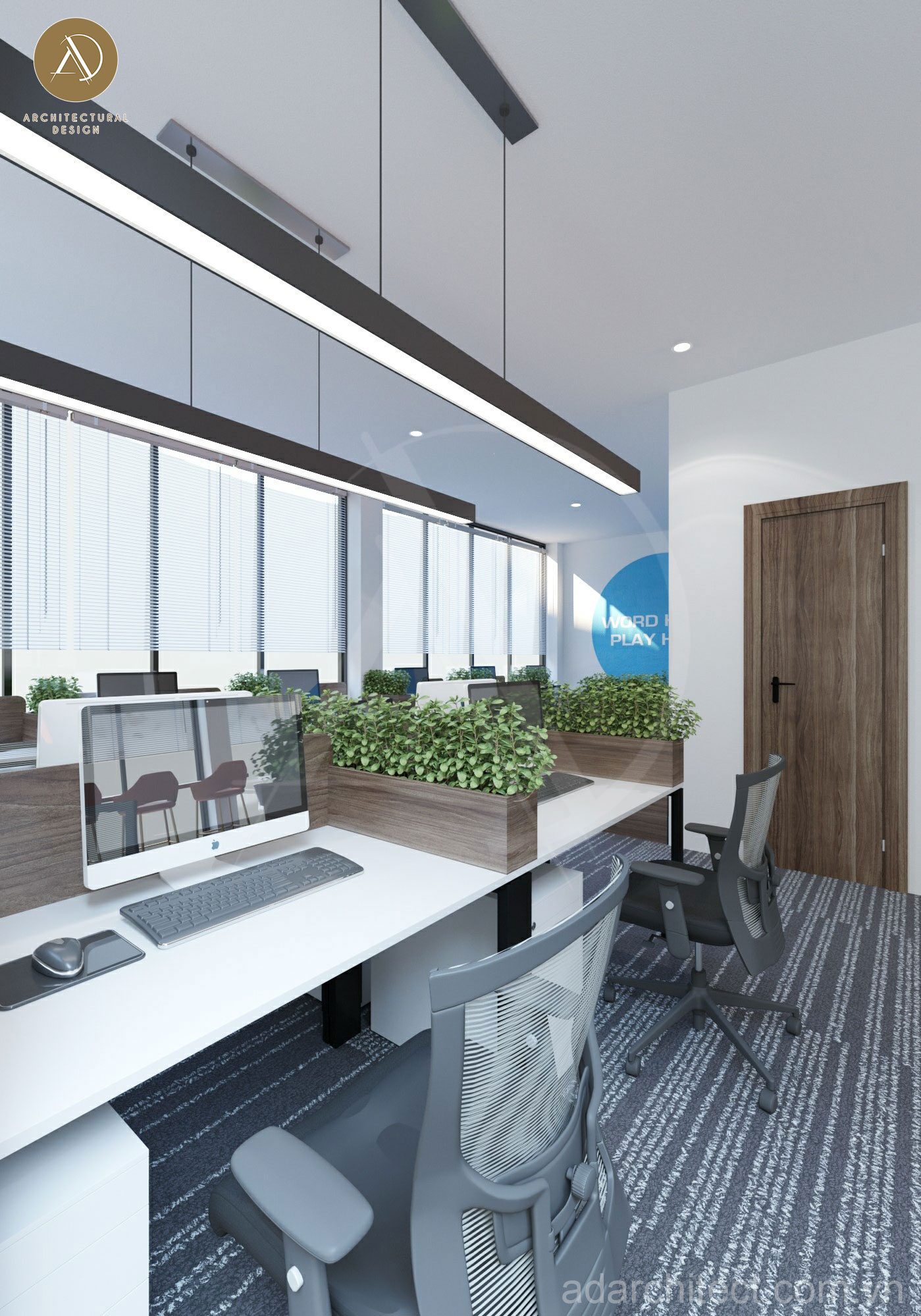 thiết kế nội thất văn phòng Titan đèn thả trần ánh sáng trắng giúp tập trung 
