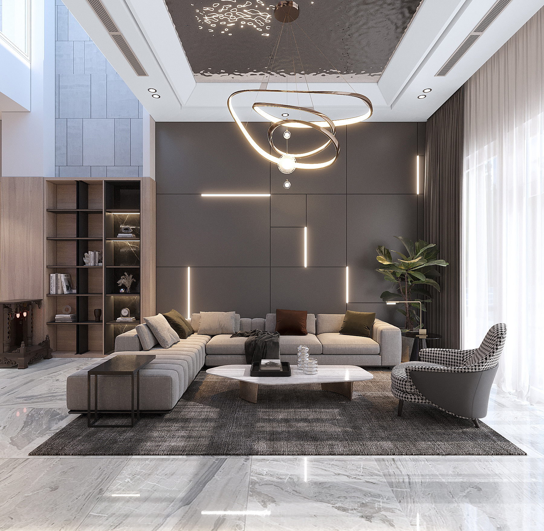 thiết kế nội thất phòng khách sang trọng: trang trí đèn thả đẹp hiện đại 