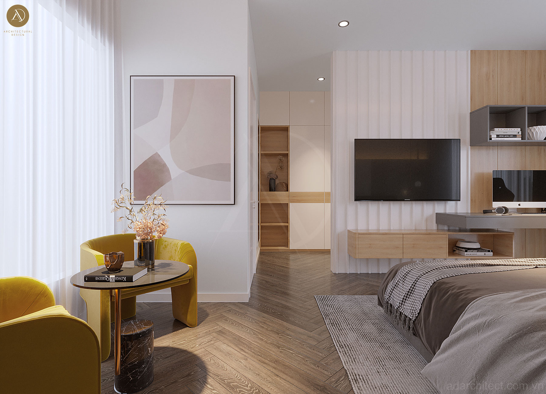 mẫu nhà 1 trệt 2 lầu hiện đại: phòng ngủ ốp sàn gỗ đẹp